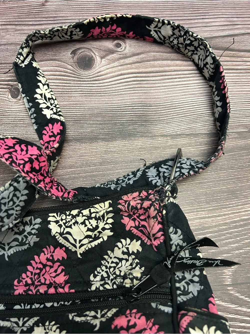 Vera Bradley Black Crossbody with Pink and Gray Floral Medallions